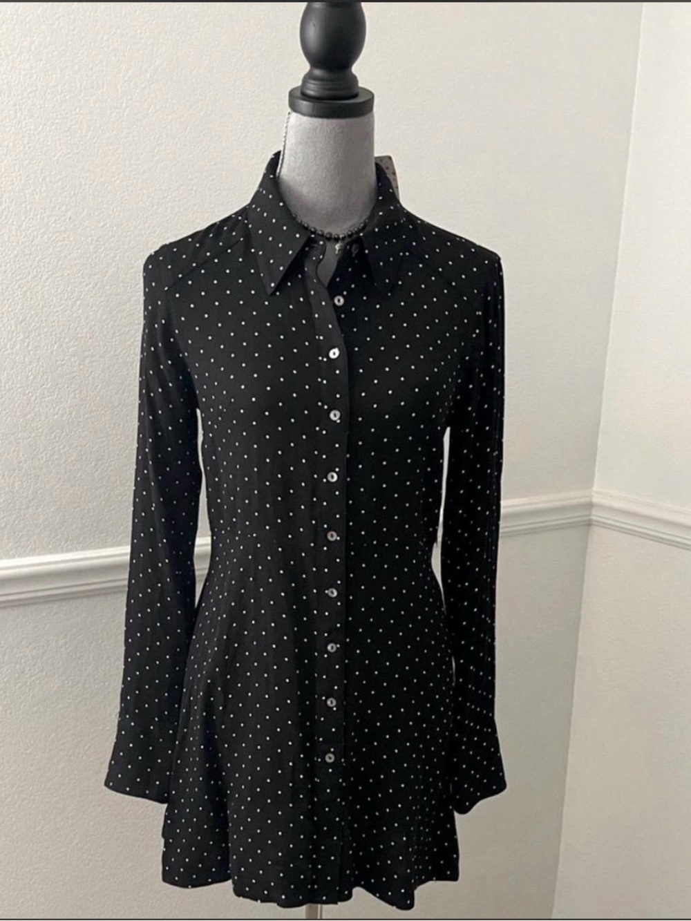 Free People Black Button-Down Top with White Polka Dots
